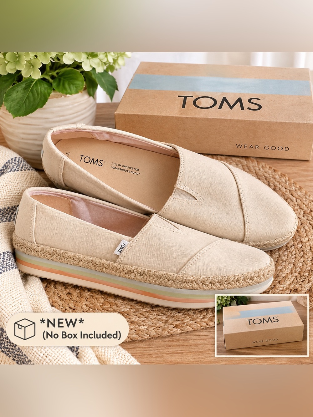 TOMS Neutral Canvas Espadrille Platform Slip-On with Pastel Stripe Sole